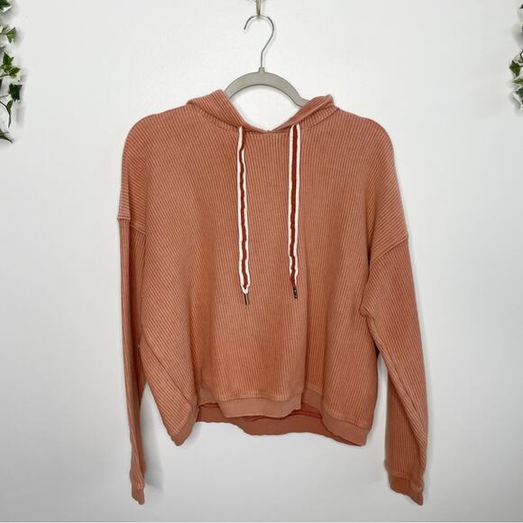 AERIE Pink Ribbed Drawstring Hoodie Size Medium - Picture 1 of 4